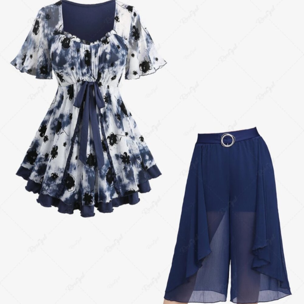 NWT!  Plus Size Tie Dye Floral Top & Chiffon Pants Outfit